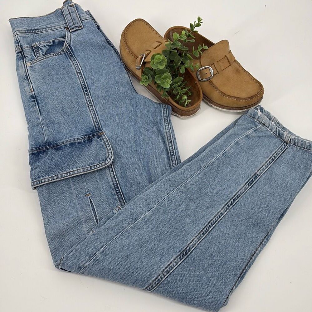 River Island UK Cargo Utility High-Rise Straight Jeans Cotton Faded Blue 4 Long